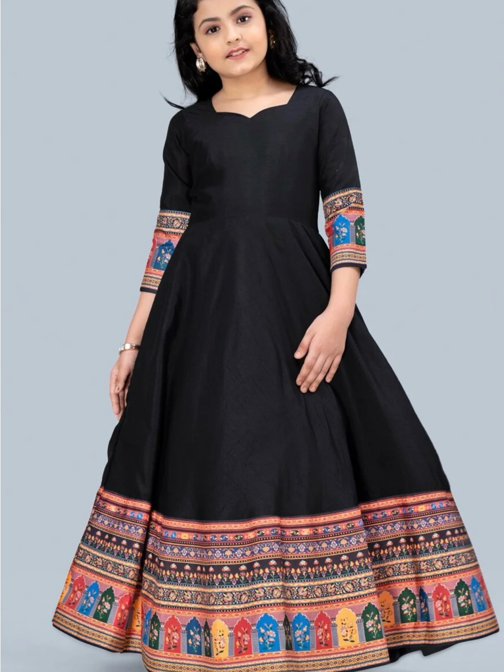 Black Printed Hemline Girls Fit-and-Flare Dress